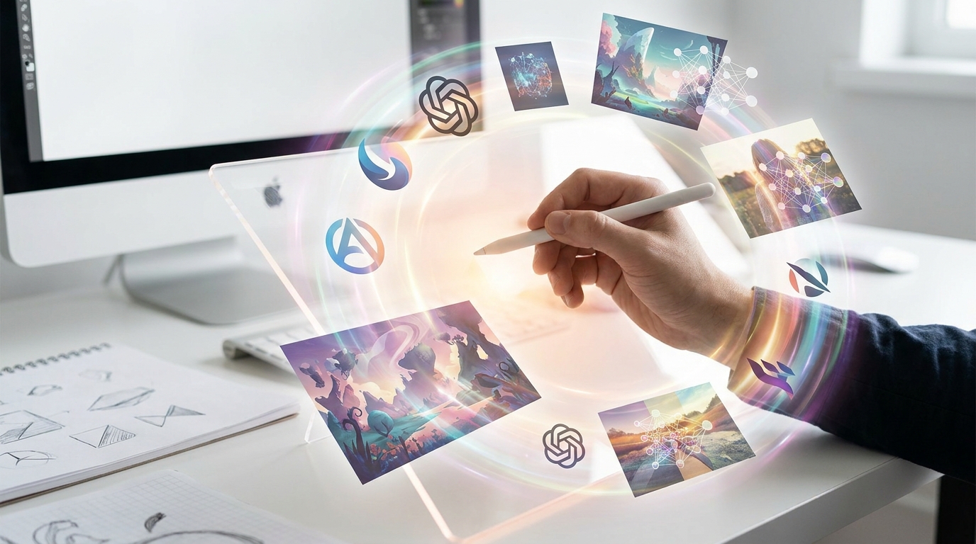 Holographic interface showing AI-generated design elements, illustrating AI in graphic design workflow