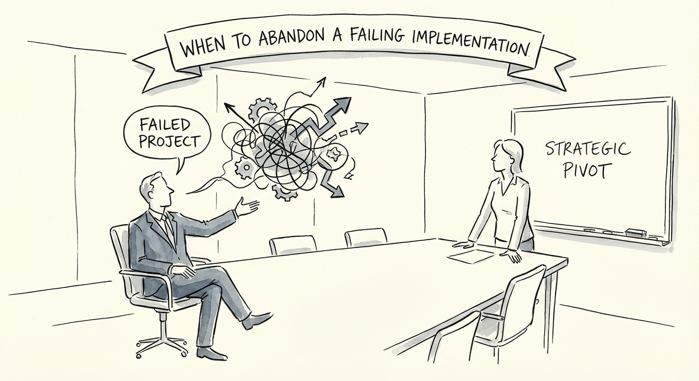 Executive stopping a failing IT project in a boardroom setting, signaling a strategic pivot.