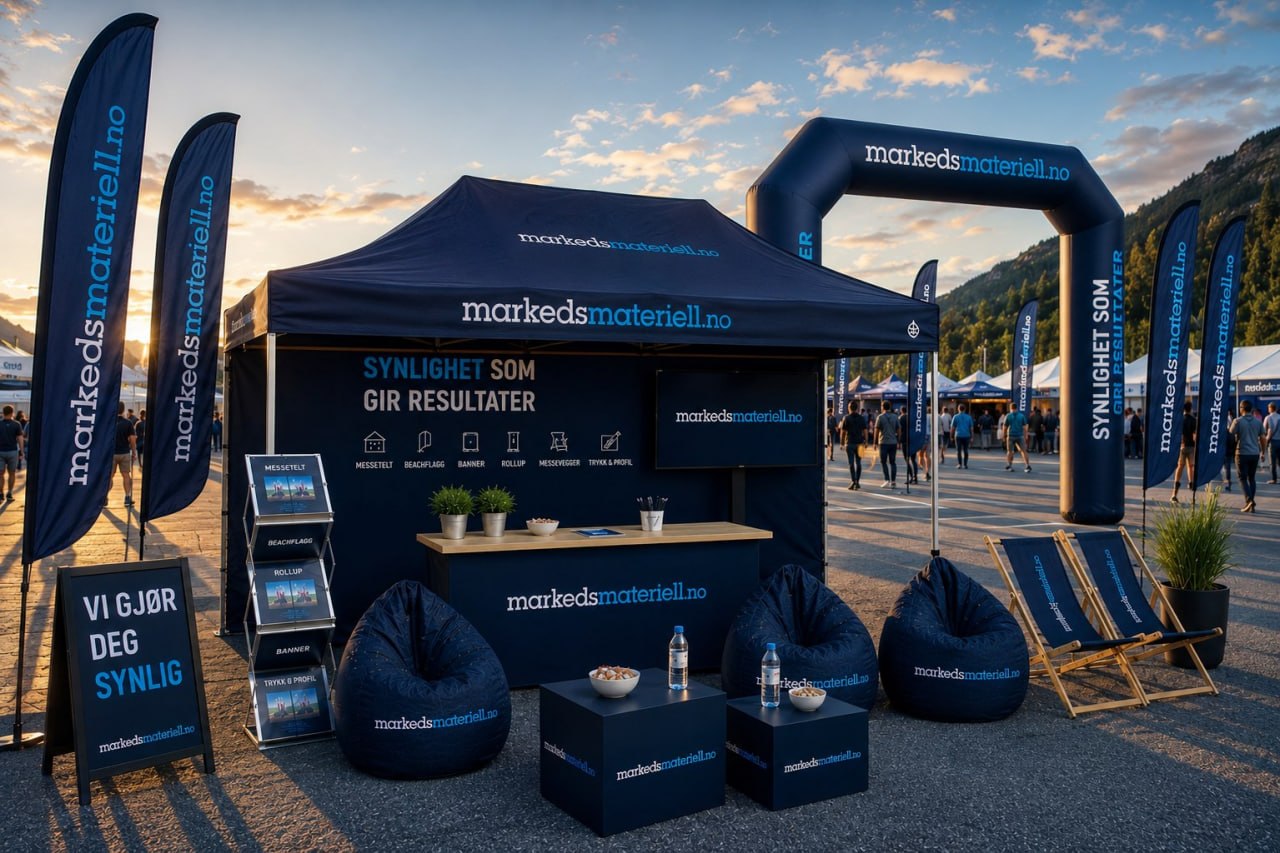 Festival ved solnedgang med fullt messestand — markedsmateriell.no