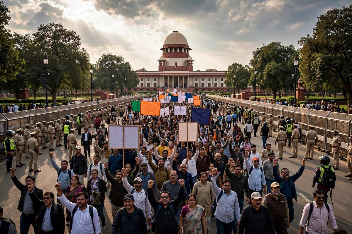 दिल्ली में सुप्रीम कोर्ट की ओर मार्च करता प्रदर्शनकारियों का हुजूम