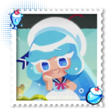 A stamp graphic of Cream Soda Cookie, it shows her Magic Candy Ingredient and her Magic Candy. It is watermarked with "KWAMIOFADORATION" to prevent stealing.