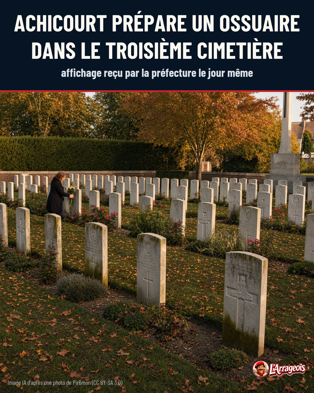 Une femme en noir dépose des fleurs sur une tombe parmi de nombreuses stèles blanches dans un cimetière automnal.