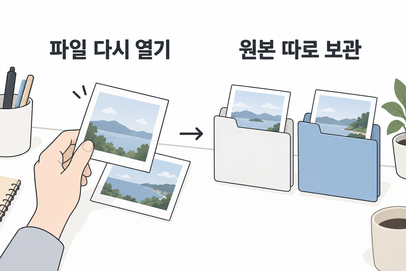 AI 설명용 장면: 저장한 이미지 파일을 다시 열어 확인하고 원본과 수정본을 별도 보관하는 행동