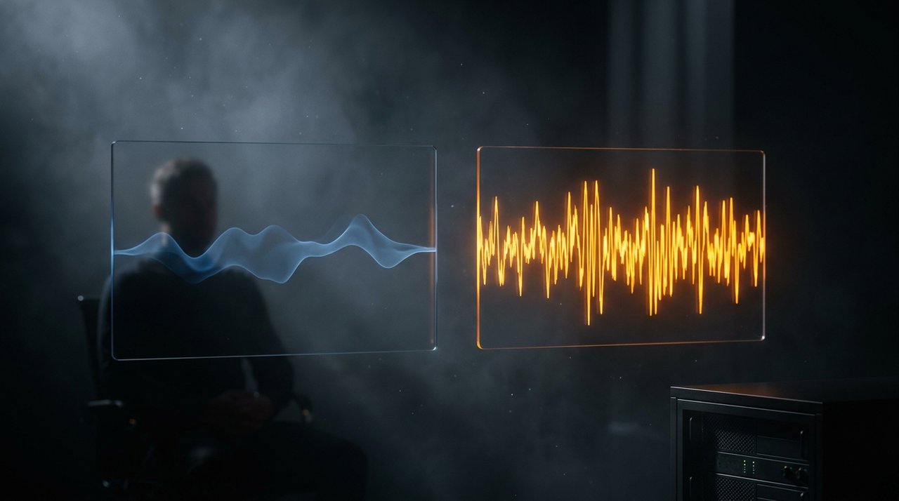 Two glowing display panels — left showing slow human waveform, right showing fast AI waveform