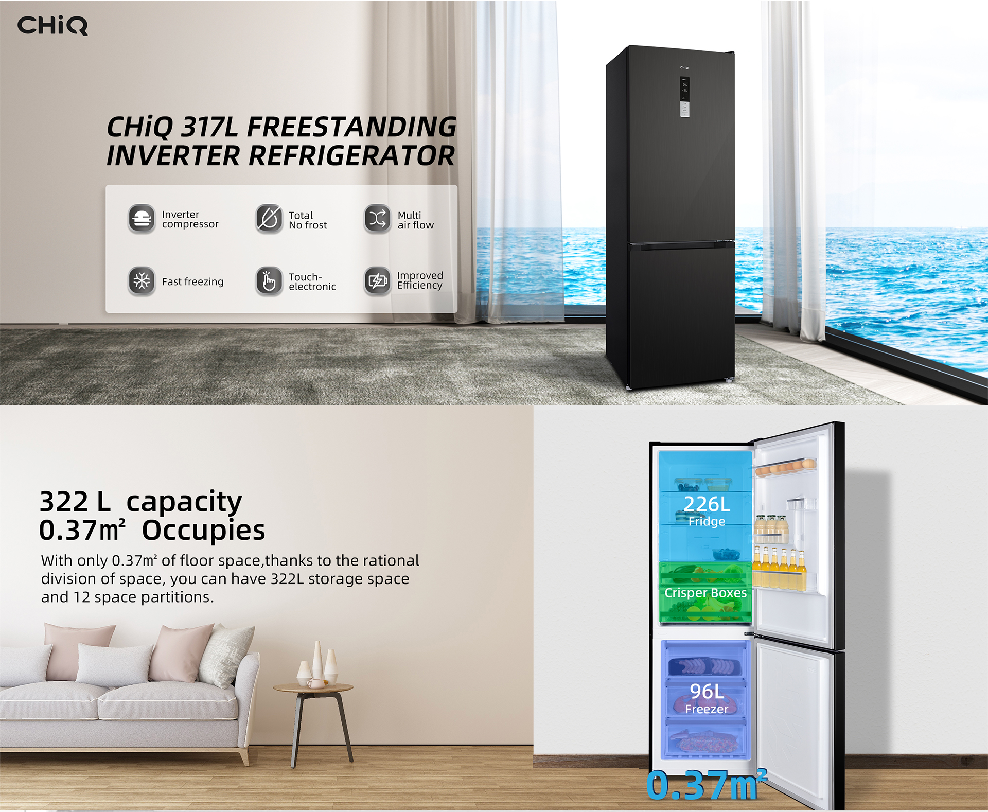 Réfrigérateur Congélateur 317L Inverter Noir - Sans Givre, Économe Et Silencieux