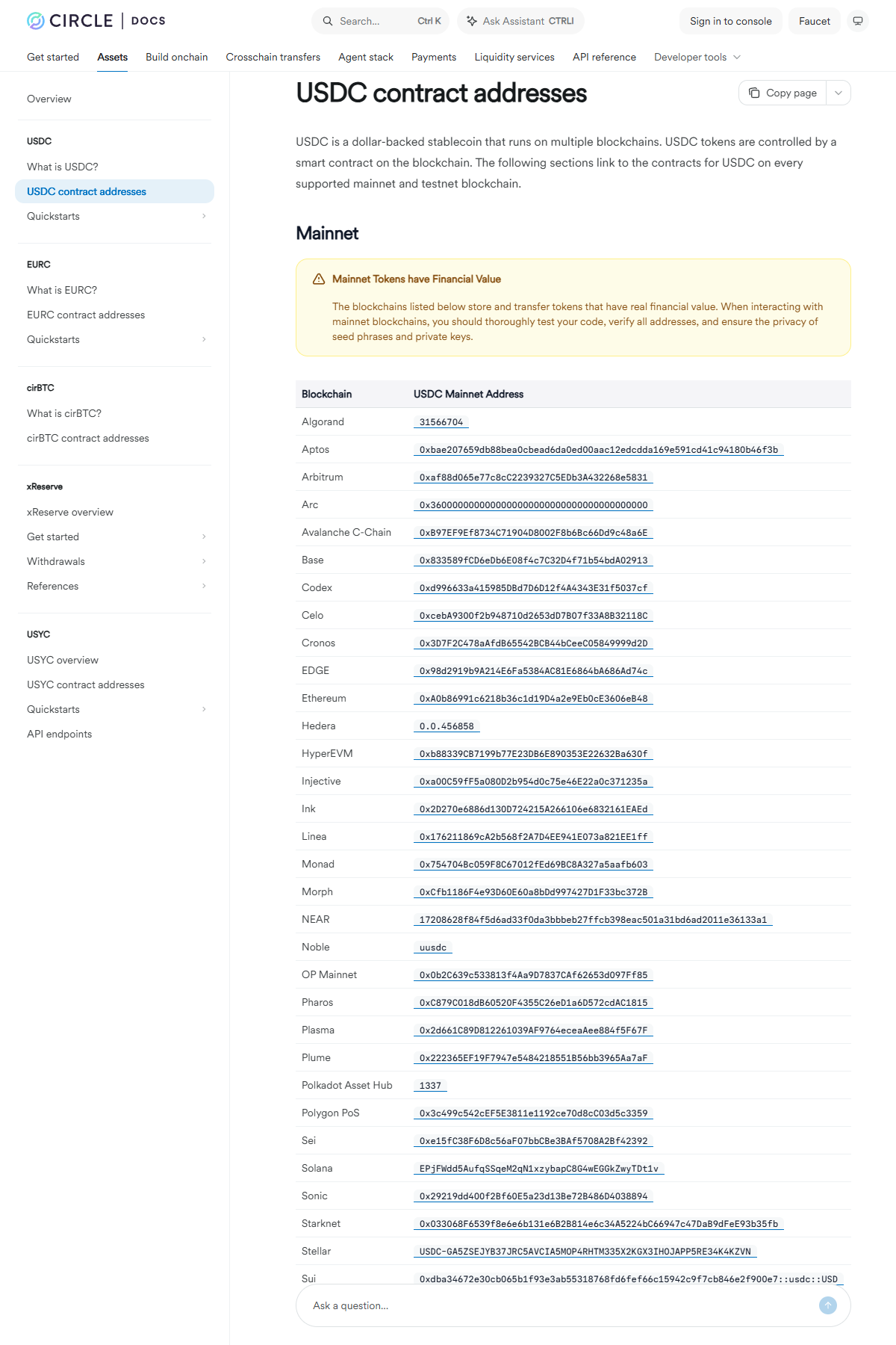 Circle 공식 Mainnet 목록의 네트워크명과 USDC 토큰 주소