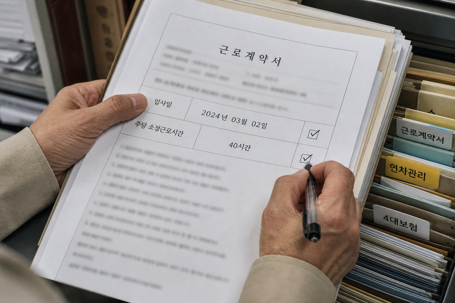 퇴직금 대상의 1년 계속근로와 4주 평균 주15시간 조건 확인
