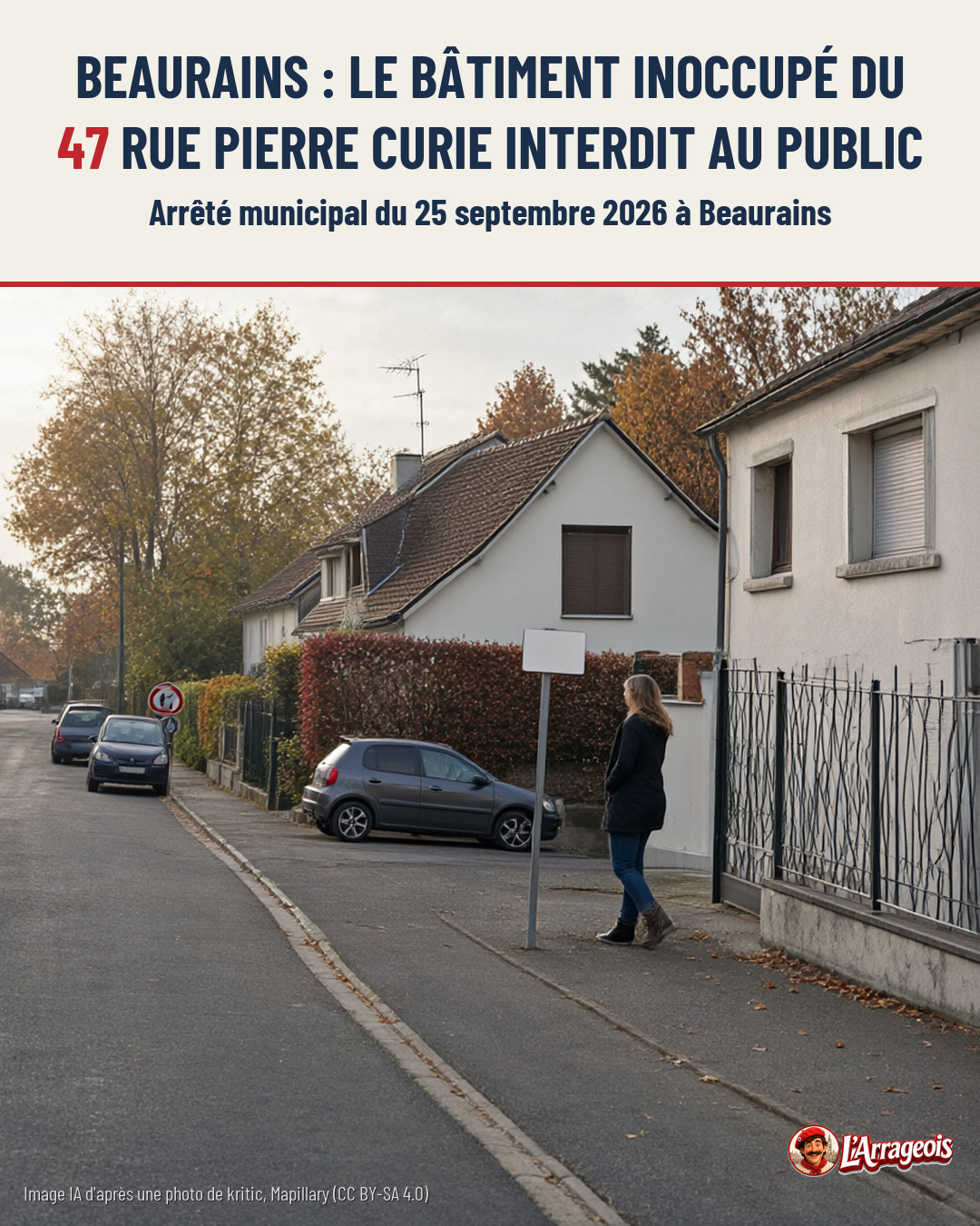 Une femme marche sur un trottoir résidentiel devant des maisons blanches, des voitures garées et un panneau vide.
