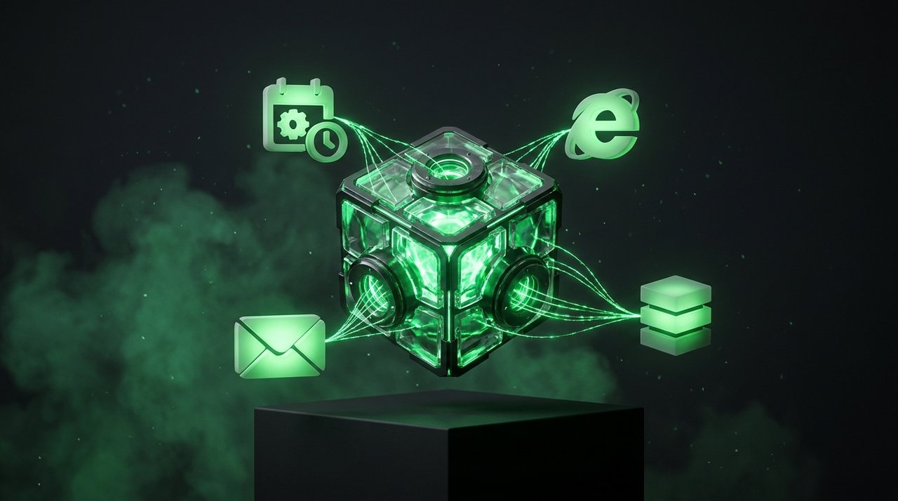Central glowing green AI core connected to tool icons by light threads