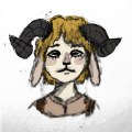 a portrait representing the webmaster, they are a white person with blonde, wavy hair and gray spiral horns. They have horizontal pupils, like that of a sheeps, as well as an animal-like nose and mouth.