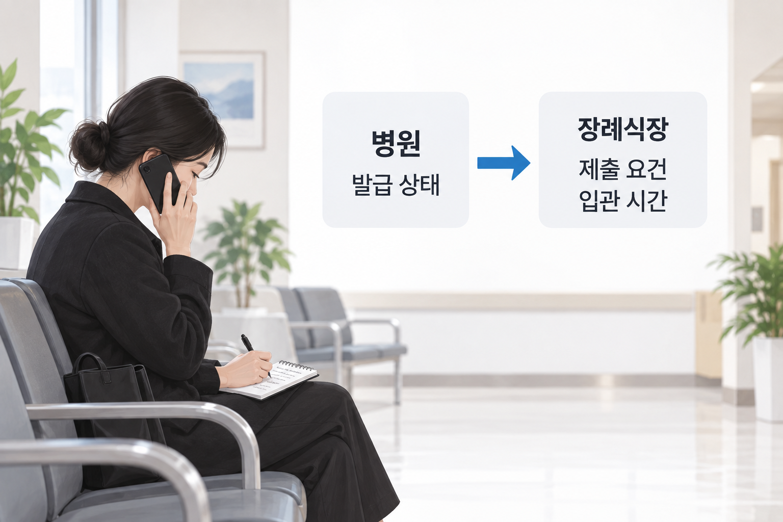 병원 발급 상태와 장례식장 제출 요건을 나눠 문의하는 설명용 장면