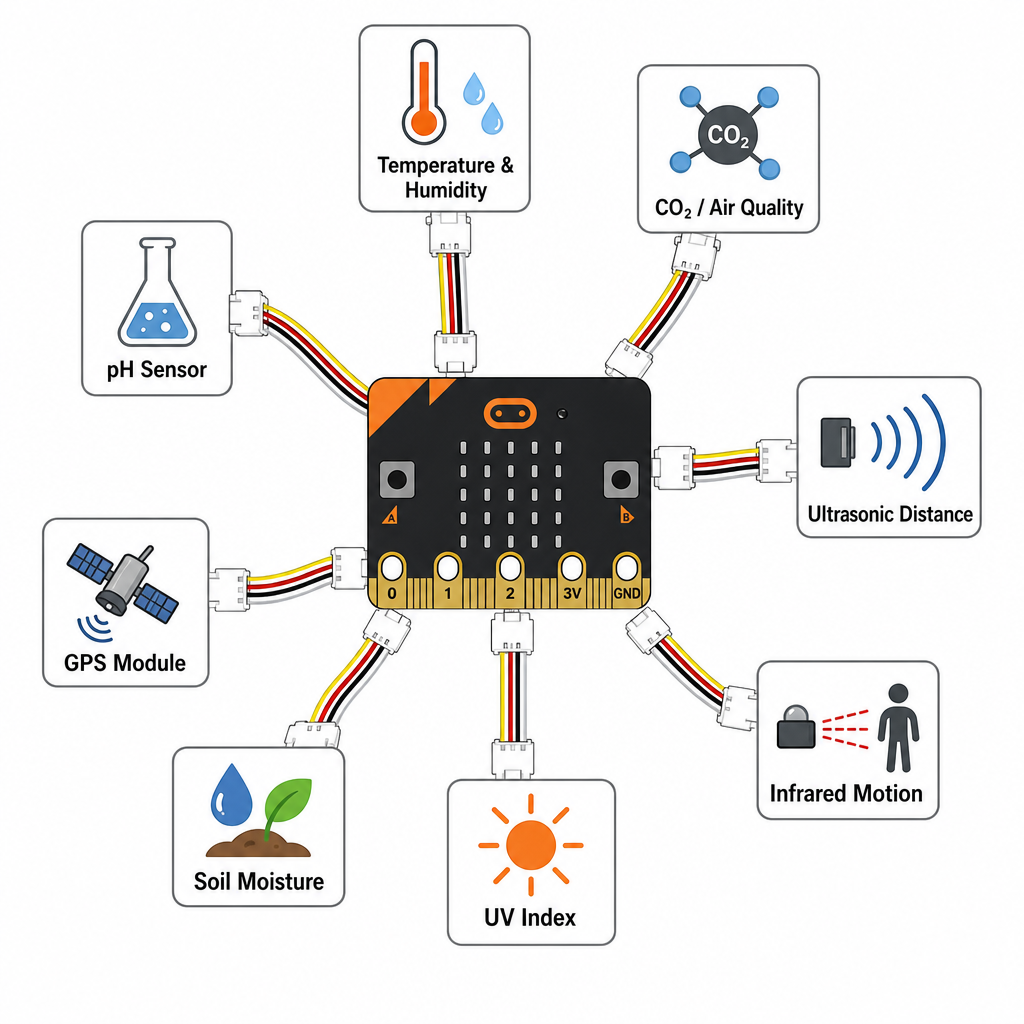 micro:bit + Nezha: 8 типа Grove сензори — схема на свързаност