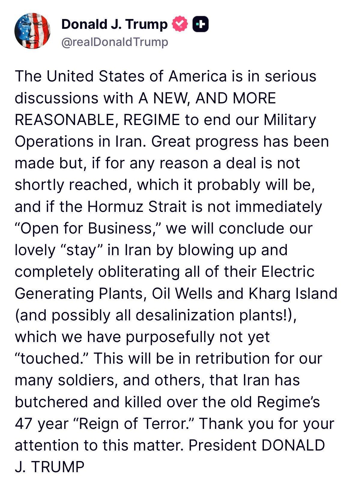 Trump Truth Social post on Iran ultimatum