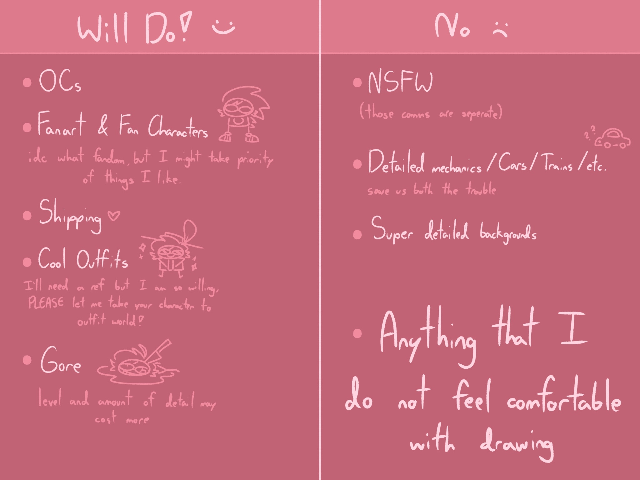 Will do: Original characters, Fanart and Fancharacters (I don't care what fandom, but I might take priority over things I like.), Cool outfits (I'll need a reference but I am so willing, PLEASE let me take your character to outfit world!), Gore (level and amount of detail may cost more). Will NOT do: NSFW (those commissions were seperate), Detailed mechanics/Cars/Trains/etc. (save us both the trouble), Super detailed backgrounds, Anything that I do not feel comfortable with drawing!