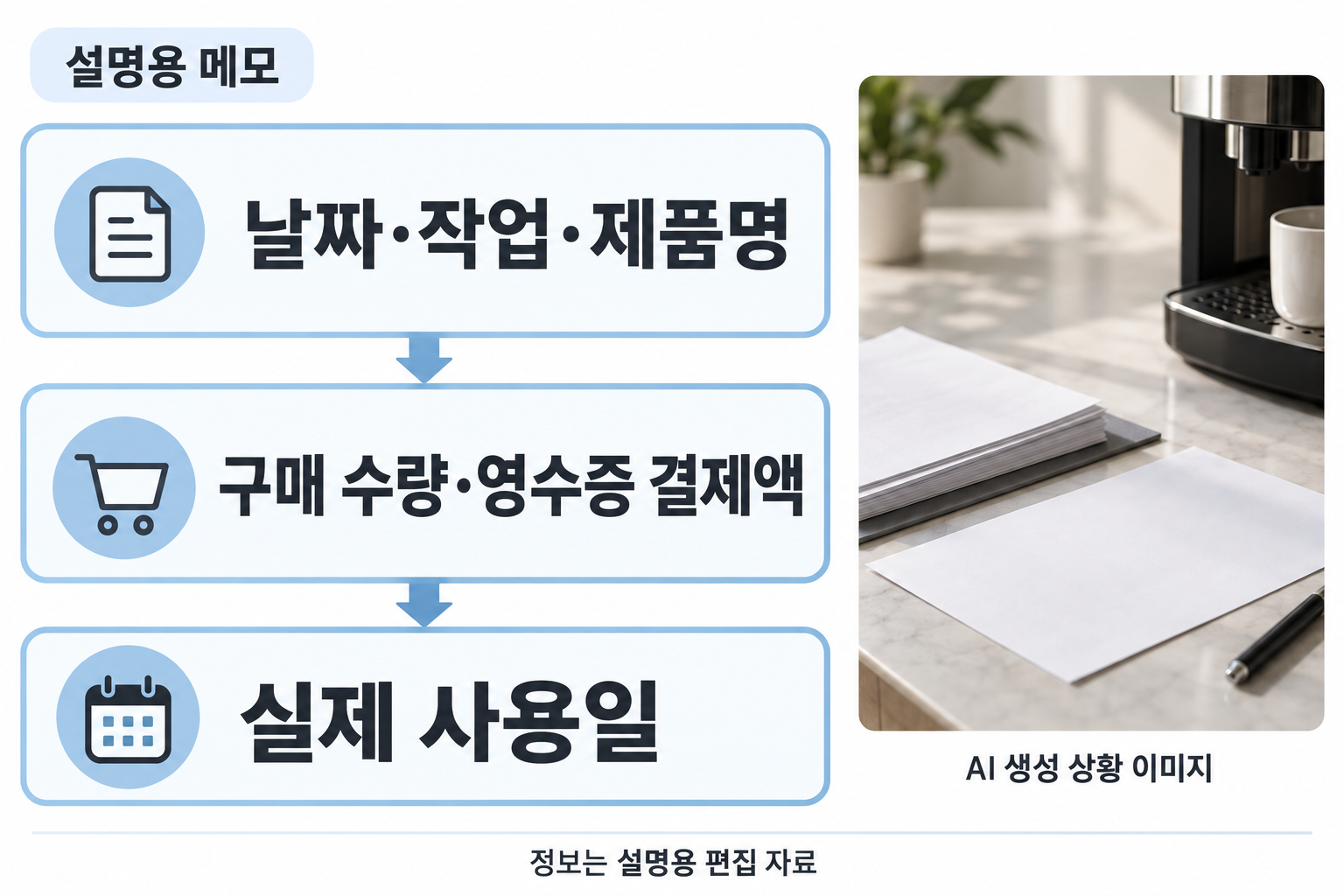 유지관리 비용 기록 항목을 세 큰 그룹: 날짜·작업·제품명 / 구매 수량·영수증 결제액 / 실제 사용일. 설명용 메모임을 표시하고 오른쪽에 서류와 머신 모서리 사진. 작은 입력 양식·가짜 가격·교체주기 수치 없음.