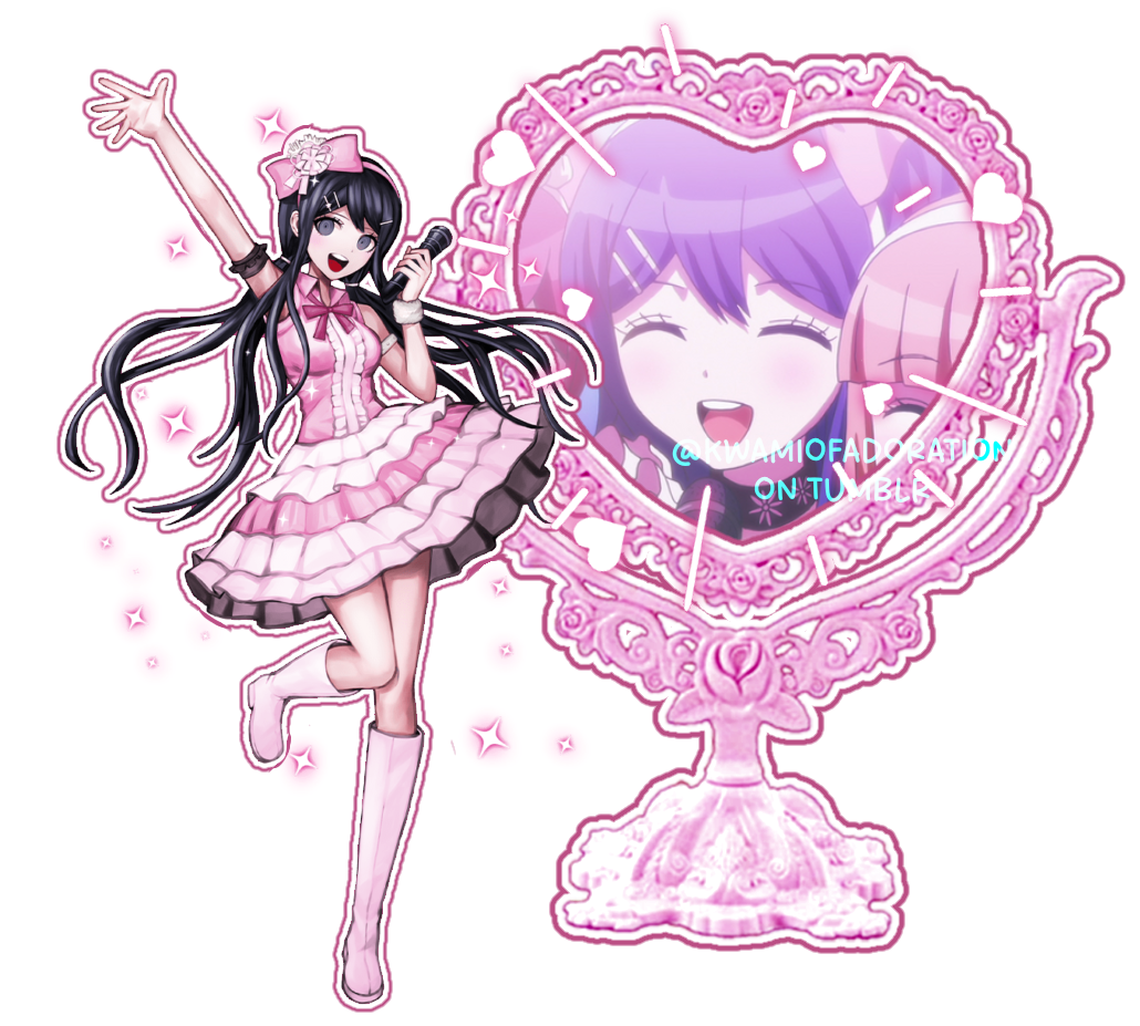A Graphic of Sayaka Maizono, it has her Danganronpa x Shiro collab illustration with a pink heart mirror that showcases a screenshot in her pop idol outfit from the Danganronpa; The animation anime. It is watermarked with "KWAMIOFADORATION on tumblr" to avoid stealing.