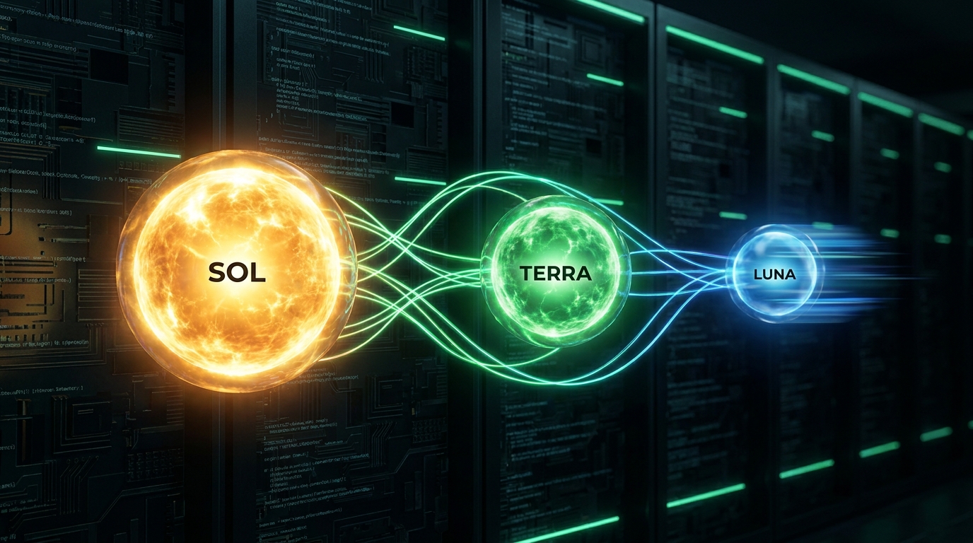 Three glowing AI model cores representing OpenAI GPT-5.6 Sol, Terra, and Luna, showing their relative power and efficiency.