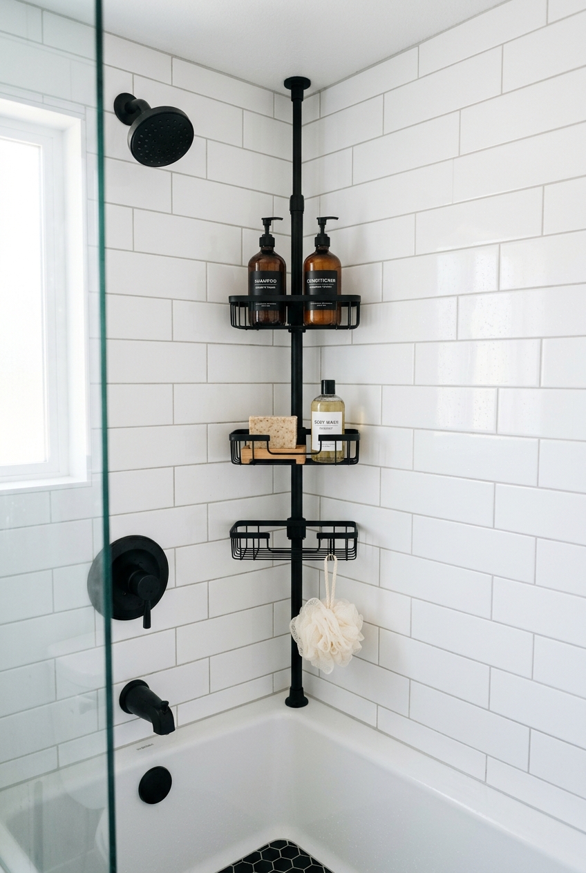 Matte black floor to ceiling tension pole shower caddy in subway tile corner