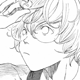 diary icon. an image from a manga, with a boy focusing intently on a curl in his bangs as he plays with it with his hand.
