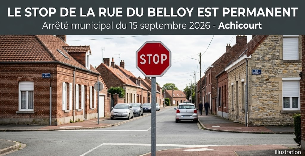 Une rue résidentielle avec des maisons en brique et pierre, des voitures garées, et un panneau stop rouge au premier plan.