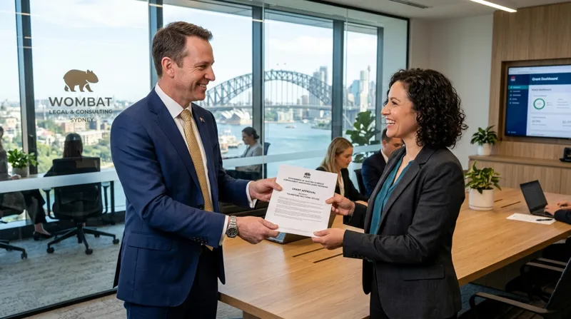 Australian lawyer helping client secure Cybersecurity Grants in a modern Sydney office