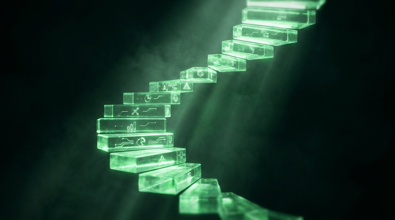 Glowing green ascending staircase of skill milestones