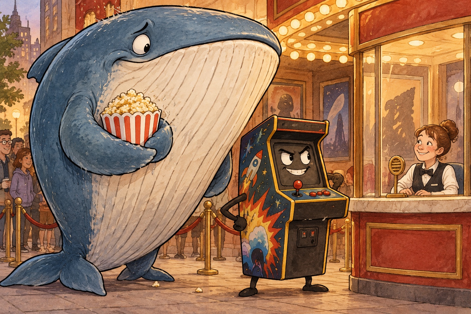 An enormous cartoon whale holds popcorn beside a smug arcade cabinet at a cinema