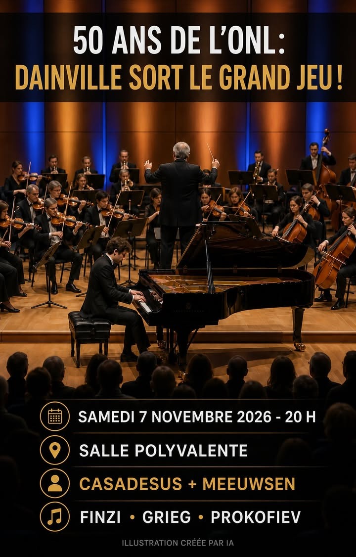Un orchestre symphonique en tenue de concert, dirigé par un chef, avec un pianiste au premier plan, sur une scène éclairée.