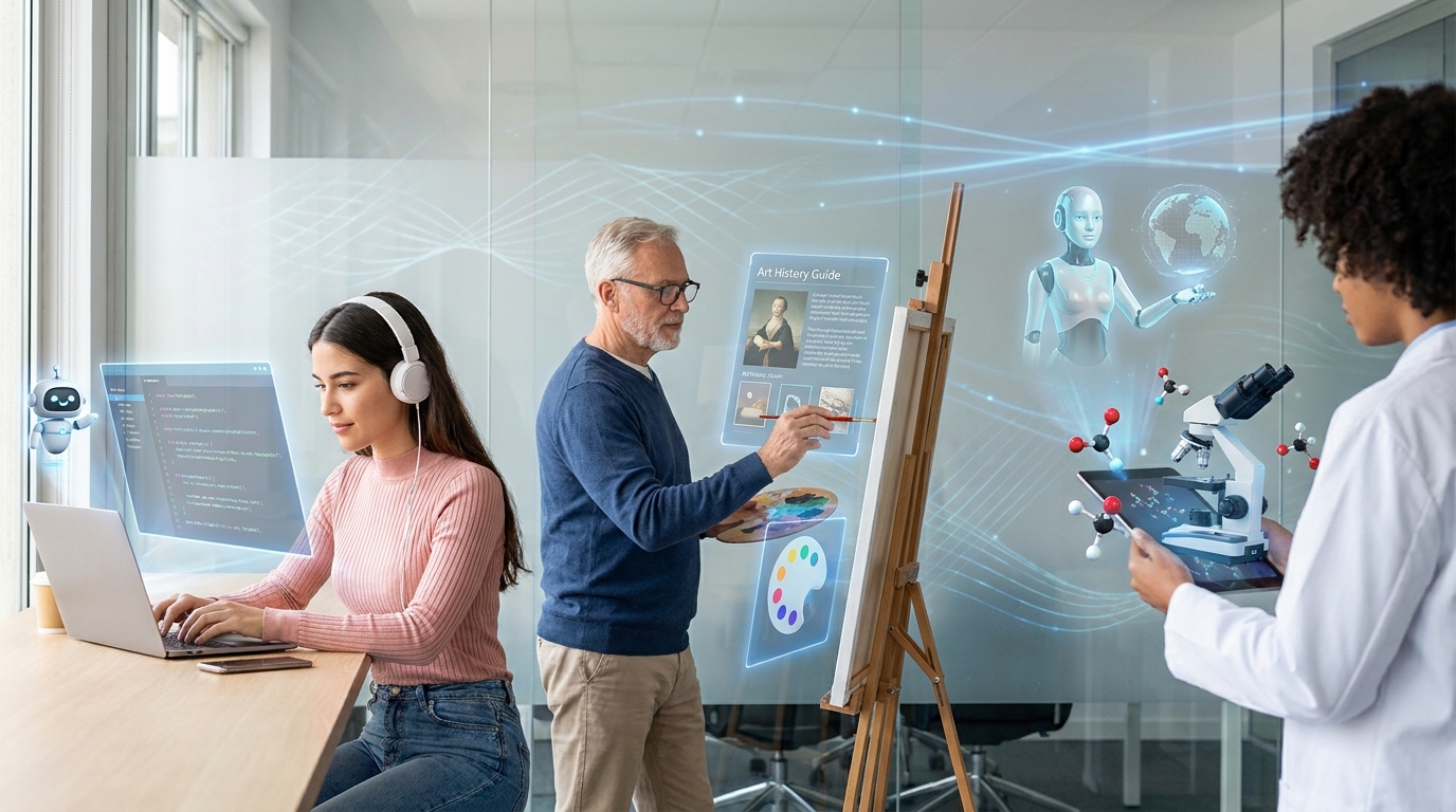 Students and professionals using AI learning platforms with holographic interfaces for personalized education.