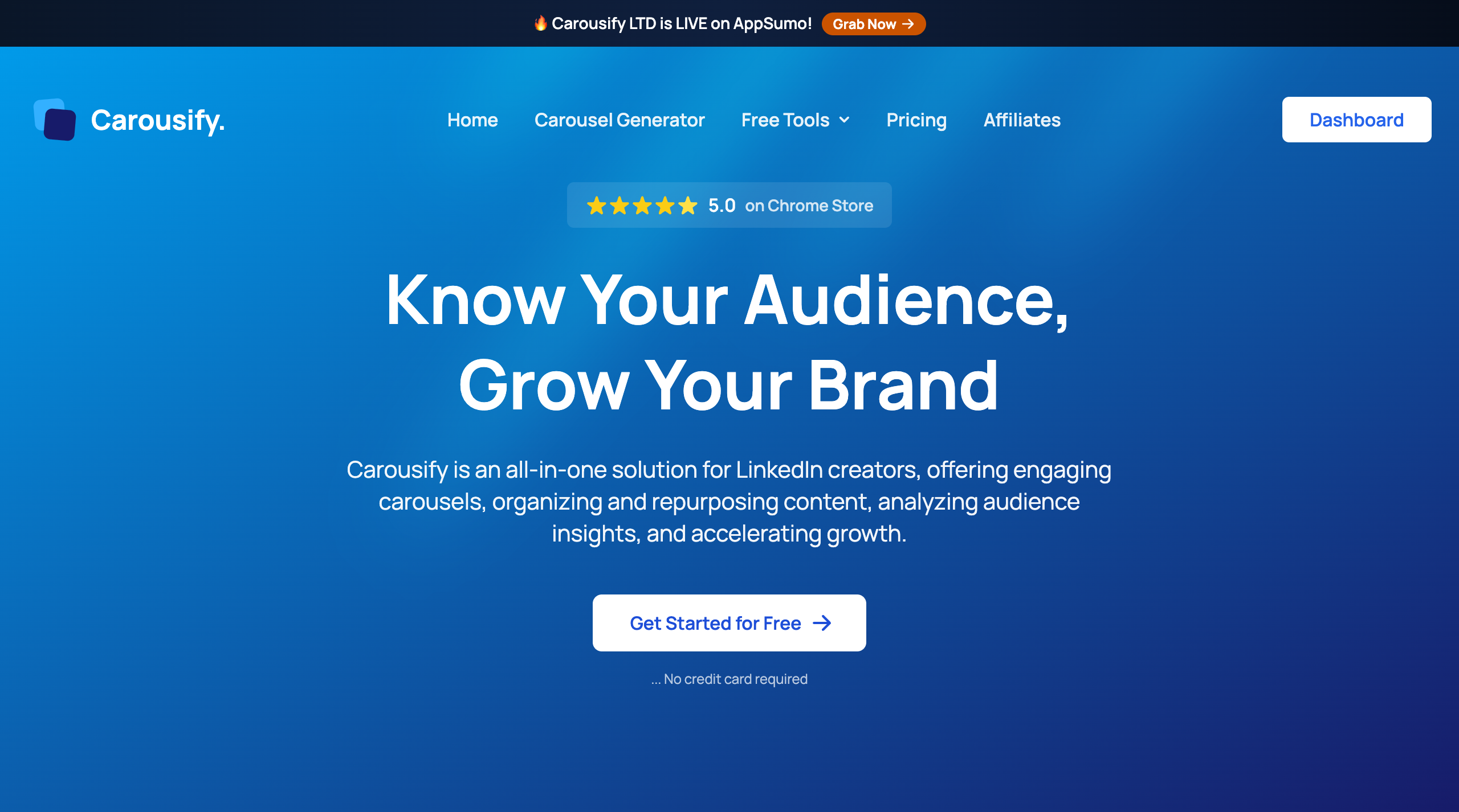 Carousify homepage showing the headline Know Your Audience, Grow Your Brand with a Get Started button and a 5.0 Chrome Store rating