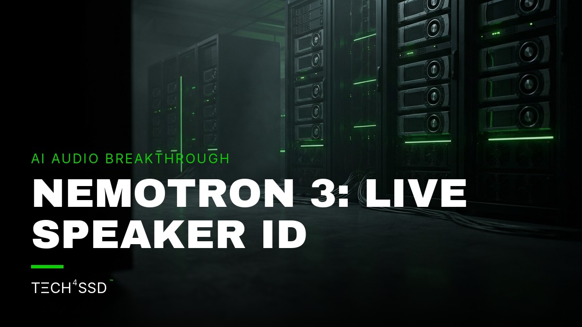 Close-up of a futuristic microphone array with subtle green light accents, capturing multiple distinct sound waves, representing NVIDIA Nemotron 3 Diarization in action.