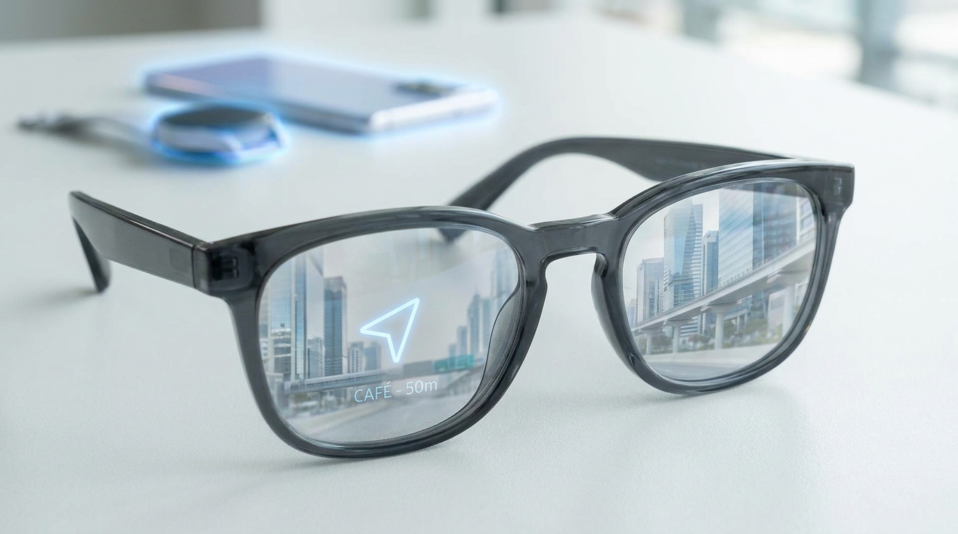 Samsung Galaxy Glasses showing AI overlays, connected to a blurred Samsung phone and watch in the background.