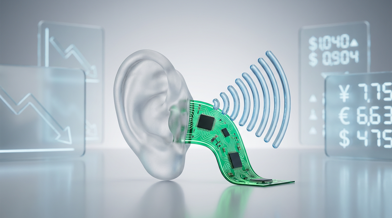 Stylized graphic of human ear and circuit board with sound waves, illustrating high AI voice quality and low API pricing.