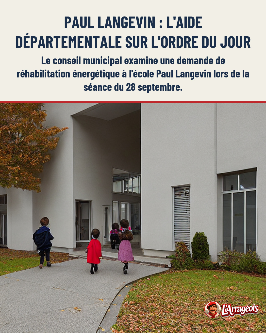Des enfants en manteaux colorés marchent vers l'entrée d'un bâtiment blanc moderne, bordé d'une pelouse et d'un arbre aux feuilles d'automne.