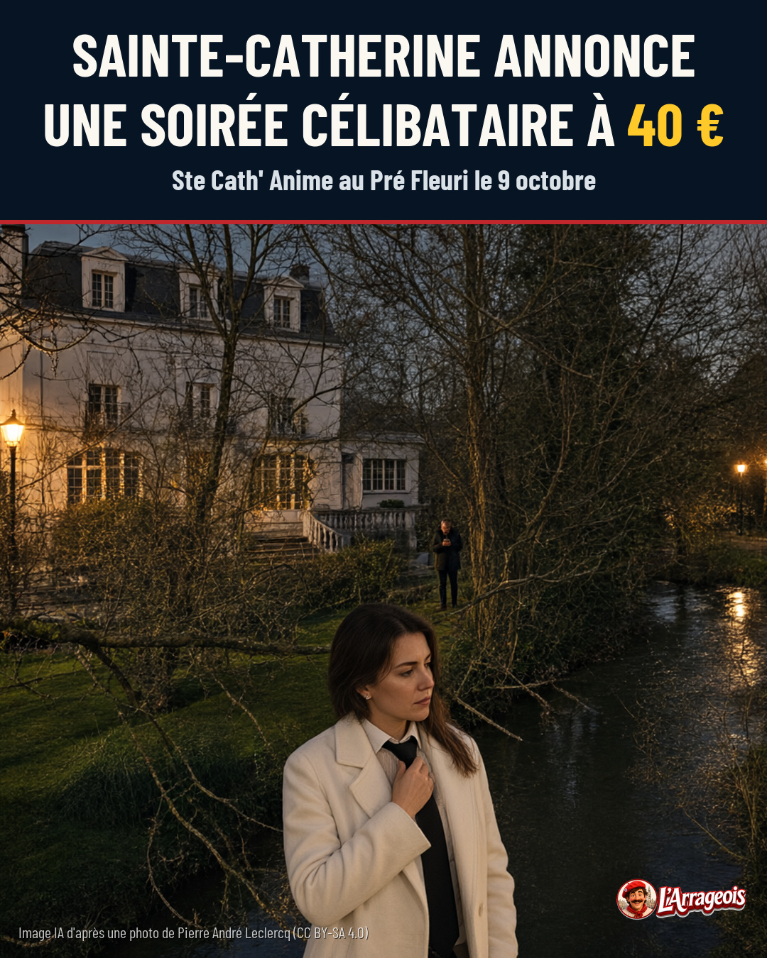 Une femme en manteau clair se tient au premier plan près d'une rivière, avec un grand bâtiment illuminé et des arbres au fond.