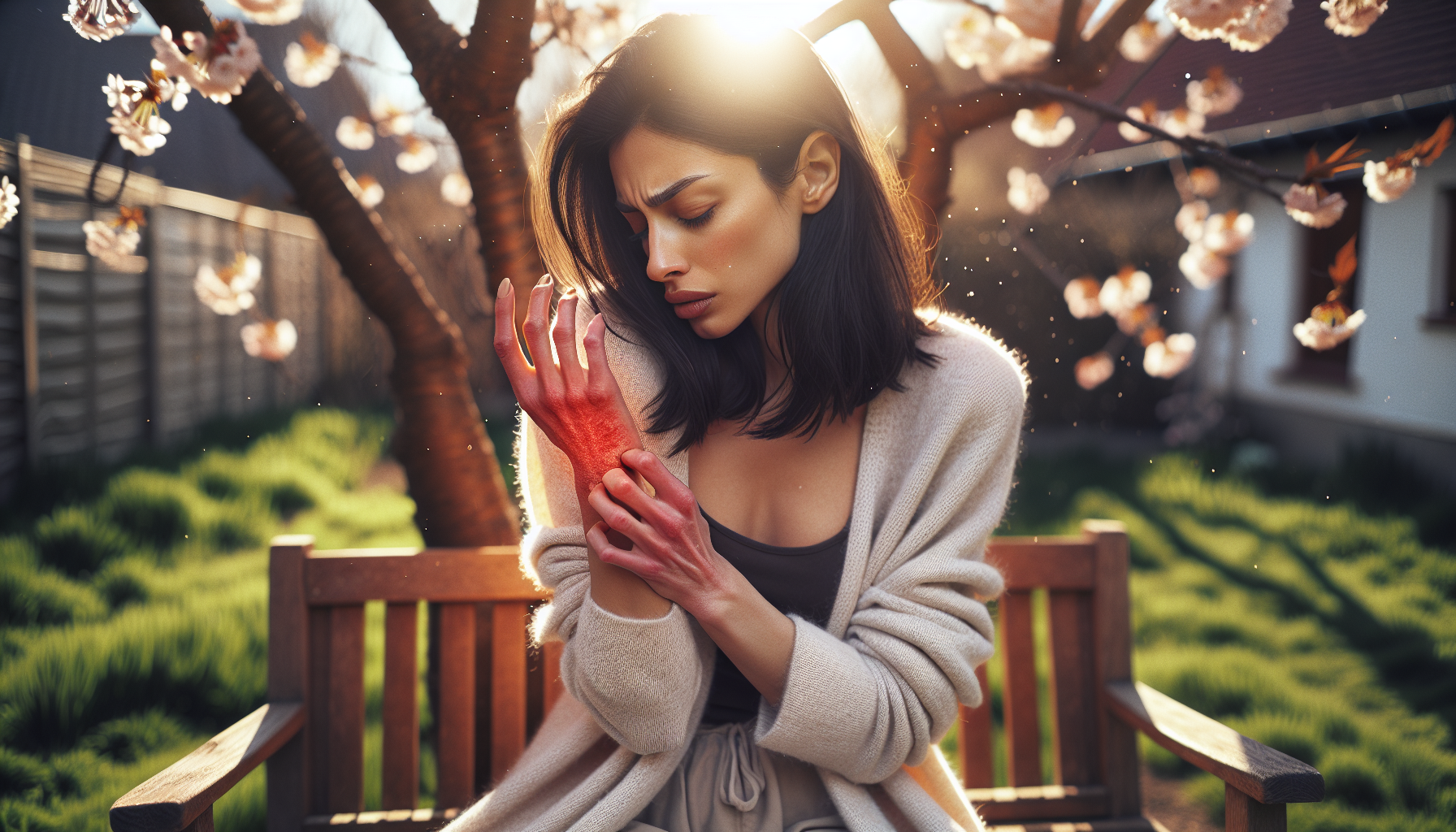 Woman with spring eczema flare-up scratching irritated arm in a pollen-filled garden