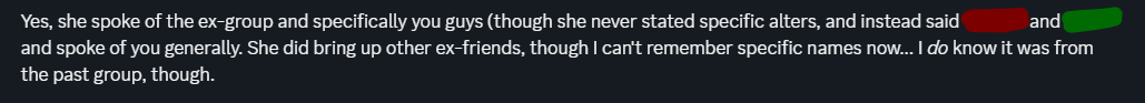 statement from victim recalling how mel would shit talk me and chem, as well as other people in the friend group, after we separated from her, with me and chem being the most often shit talked about.