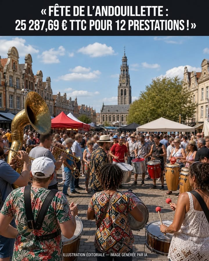 Musiciens jouant des cuivres et des percussions devant une foule dans une place pavée, avec des bâtiments historiques et une tour d'église en arrière-plan.