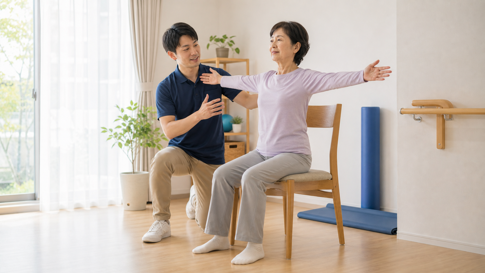 パーキンソン病の方が椅子に座って安全にヨガを行い、専門職が姿勢を確認している場面
