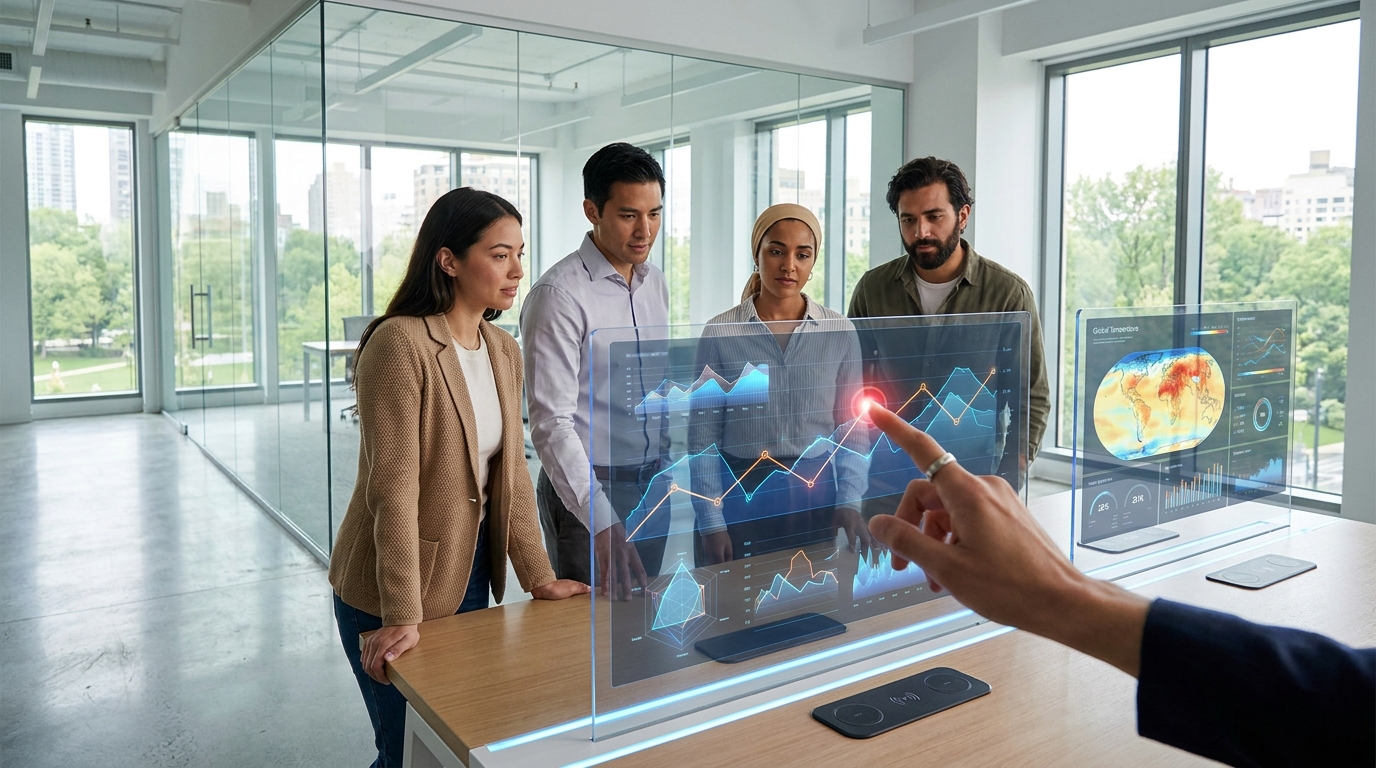 Diverse team collaborating on AI market research data visualizations, pointing to key insights on transparent screens.