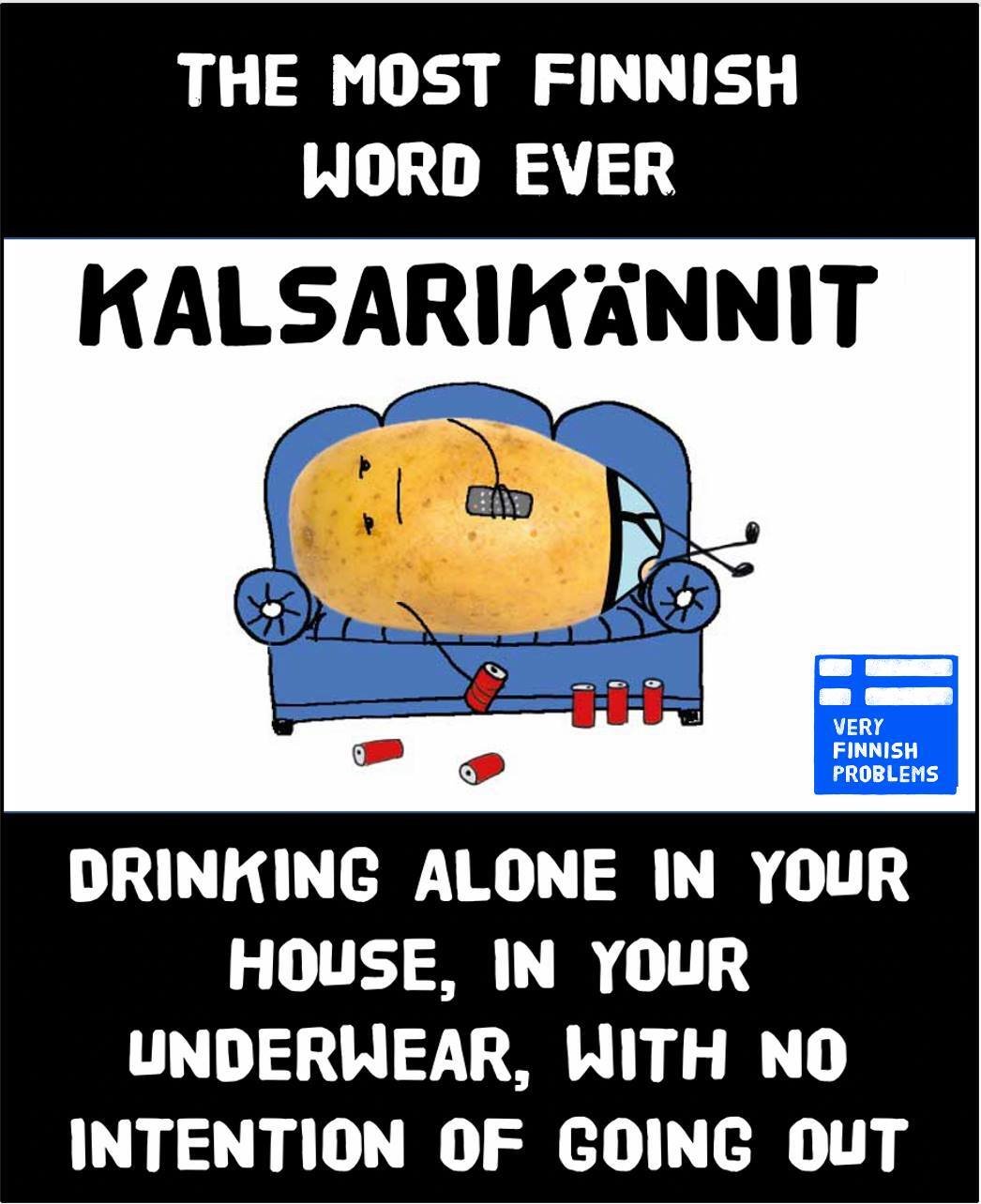 Very Finnish Problems meme explaining kalsarikannit means drinking alone at home in underwear with no intention of going out