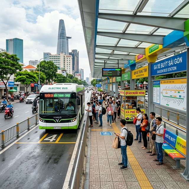 Hình ảnh xe buýt điện hiện đại tại trạm dừng TP.HCM