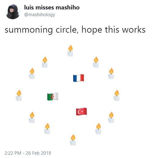 Visual gag depicting a summoning circle surrounding the French, Algerian and Turkish flag