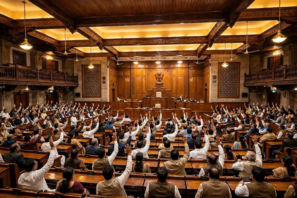 Rajya vidhansabha ke sadan me matdan ke liye haath uthate sadasya