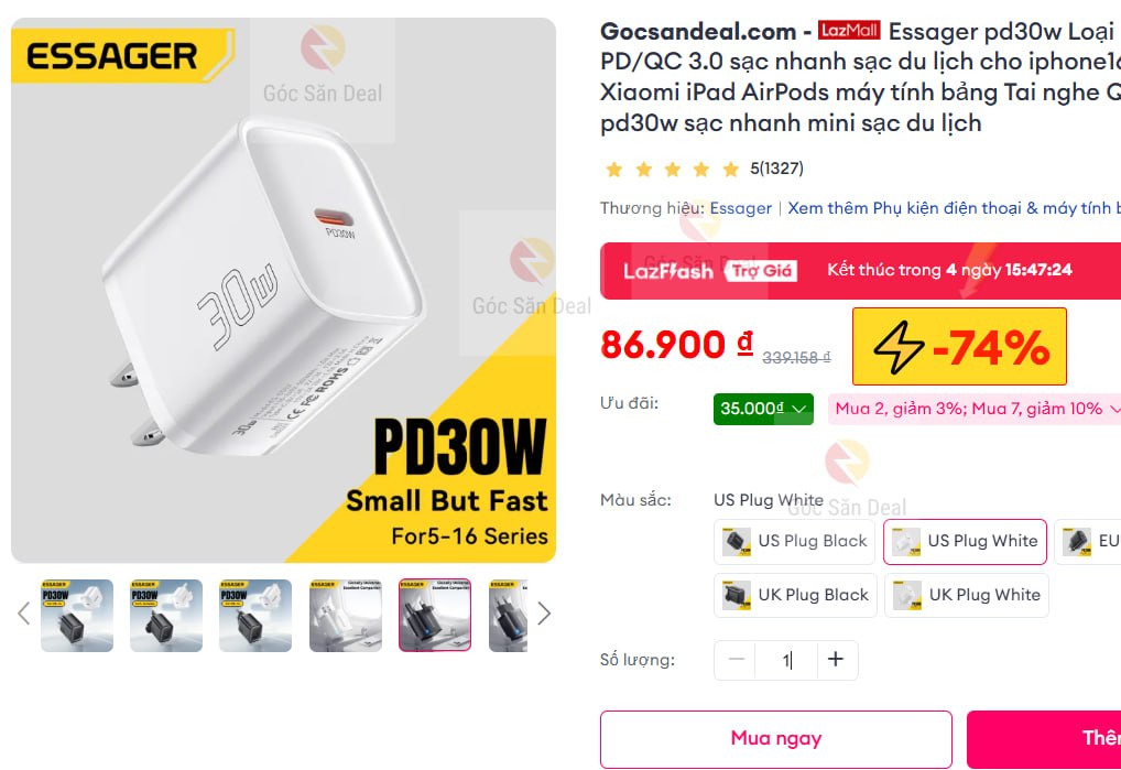 Essager pd30w Loại C Bộ sạc sạc nhanh PD/QC 3.0 sạc nhanh sạc du lịch cho iphone16 15 14-6 Samsung Huawei Xiaomi iPad AirPods máy tính bảng Tai nghe Quạt chuyển đổi TYPE-C pd30w sạc nhanh mini sạc du lịch