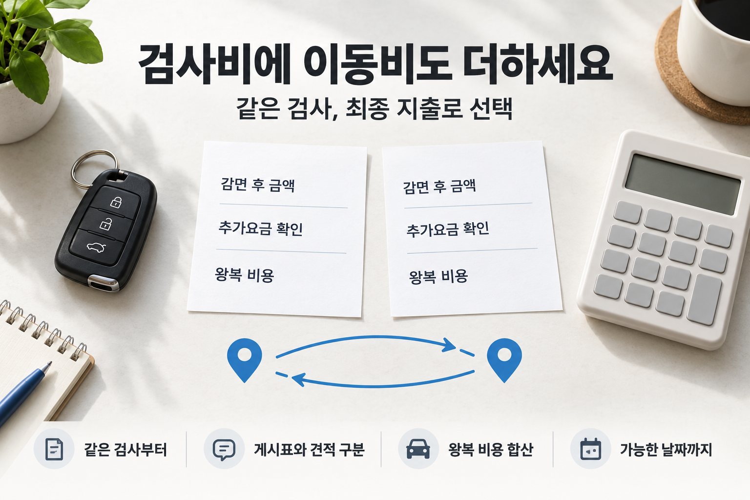 같은 자동차검사 견적에 왕복 이동비와 대행료를 더해 비교하는 설명용 장면