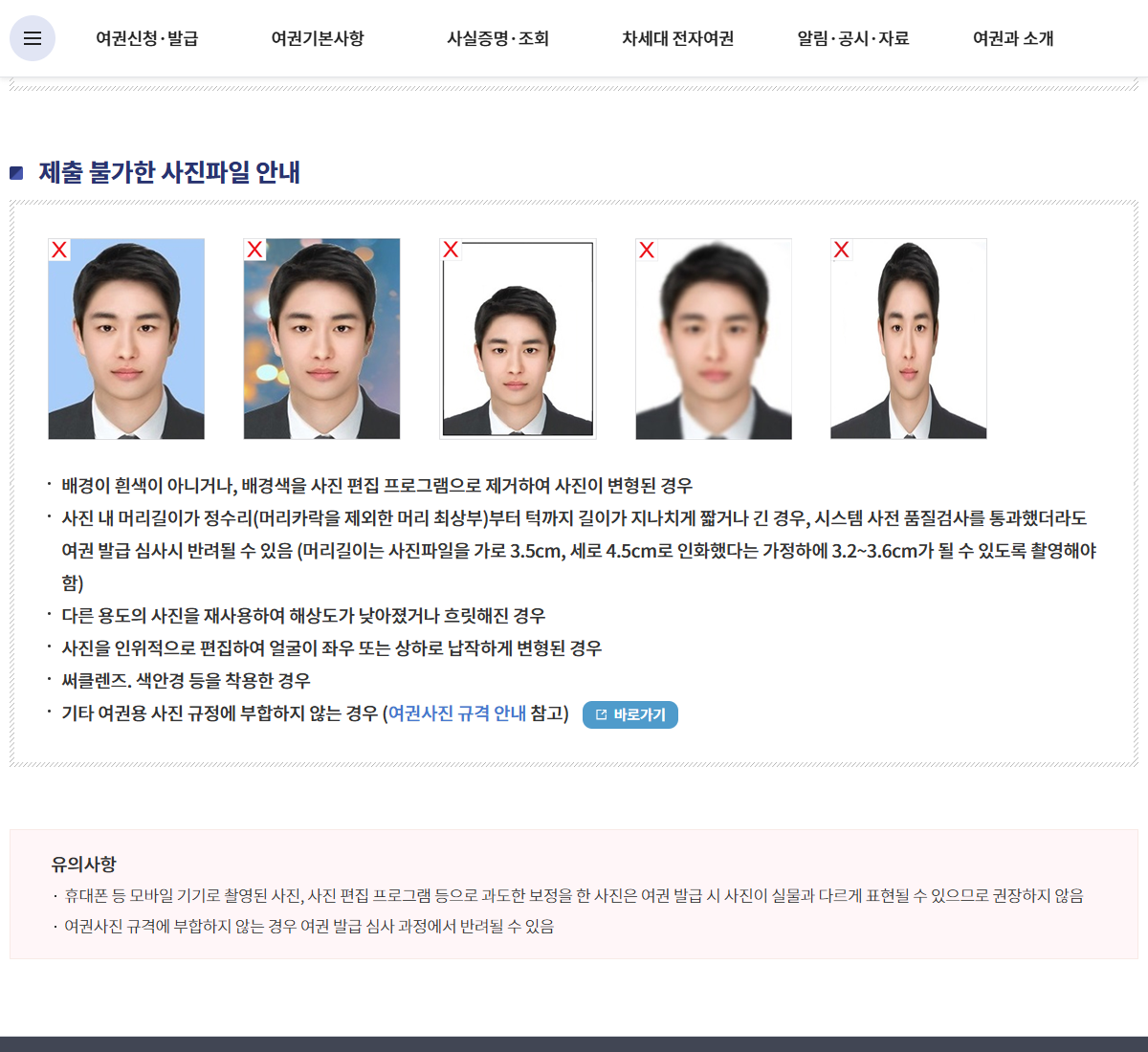 외교부 온라인 사진파일 조건과 심사 단계에서 반려될 수 있는 사례