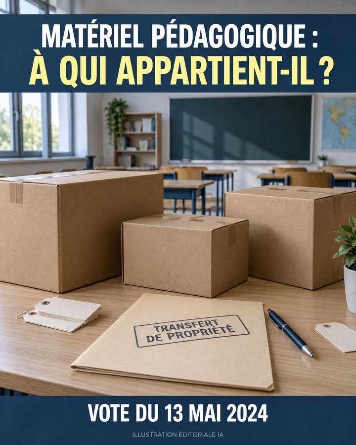 Des cartons, un dossier et des étiquettes reposent sur un bureau dans une salle de classe avec des pupitres et un tableau.