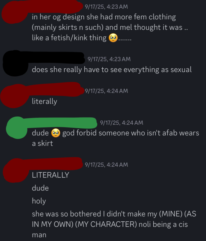 this isn't related to any ocs or mcyt/ship dynamics but rather another one of chem's personal ocs, his own alternate universe version of guest 666, and how melody thought it was a fetish/kink thing that her early design would wear a lot of feminine clothing while being amab. in this universe, guest 666 is not cisgender. he also recalled that melody was upset that his alternate universe version of noli was not a cisgender male, but rather genderqueer.