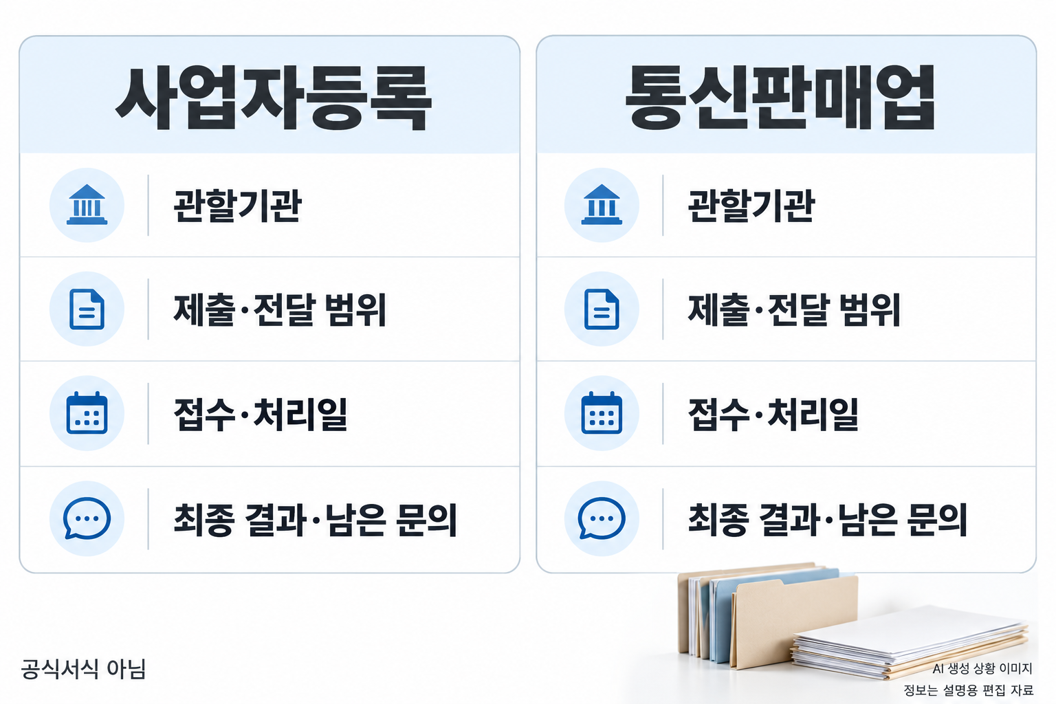 사업자등록과 통신판매업을 큰 두 열로 나누고 공통 확인항목을 크게 네 행만: 관할기관 / 제출·전달 범위 / 접수·처리일 / 최종 결과·남은 문의. 빈칸 양식을 없애고 오른쪽 아래 모형 파일 정리 사진. 공식서식 아님 표시.